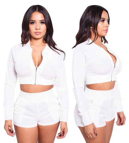 Velvet White Long Sleeve Zip Up Crop Top & Shorts Set