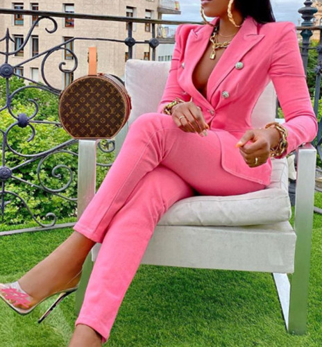 Pink Solid Blazer and Pants Two Piece Set