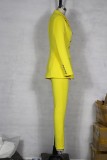 Yellow Solid Blazer and Pants Two Piece Set