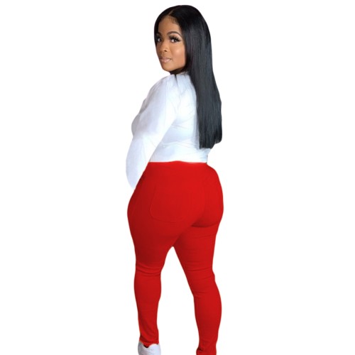 White Simple T Shirt and Red Tight Pants Set