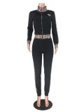 Black Casual Print Long Sleeve Zipper Tracksuit