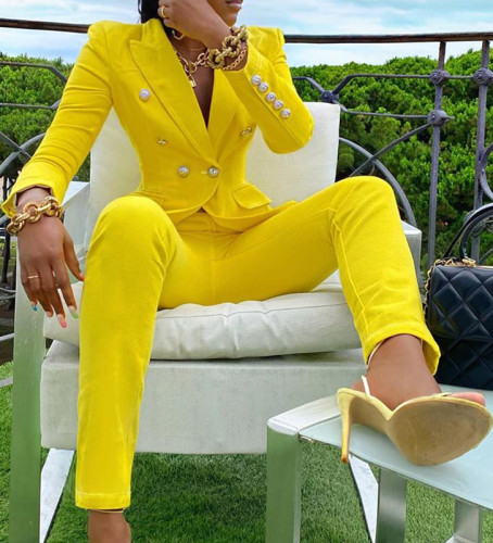 Yellow Solid Blazer and Pants Two Piece Set