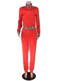 Red Casual Print Long Sleeve Zipper Tracksuit