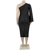 Plus Size Black One Shoulder Cutout Midi Dress