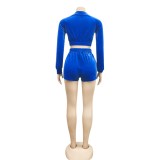 Velvet Blue Long Sleeve Zip Up Crop Top & Shorts Set
