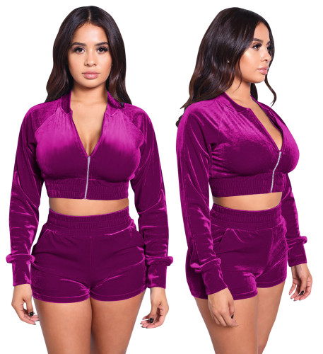 Velvet Purple Long Sleeve Zip Up Crop Top & Shorts Set