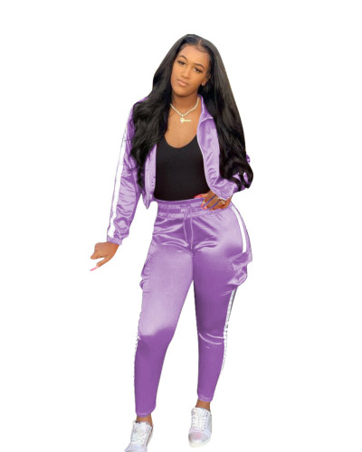 Silky Purple Side Pocketed Two Piece Pants Set