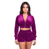 Velvet Purple Long Sleeve Zip Up Crop Top & Shorts Set