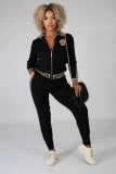 Black Casual Print Long Sleeve Zipper Tracksuit