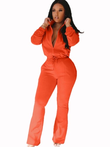 Solid Long Sleeve Flare Bottom Zipper Tracksuit