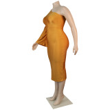 Plus Size Yellow One Shoulder Cutout Midi Dress