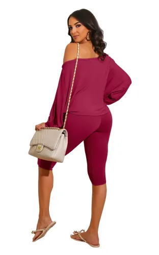 Burgundy Solid Loose Top & Drawstring Shorts Set