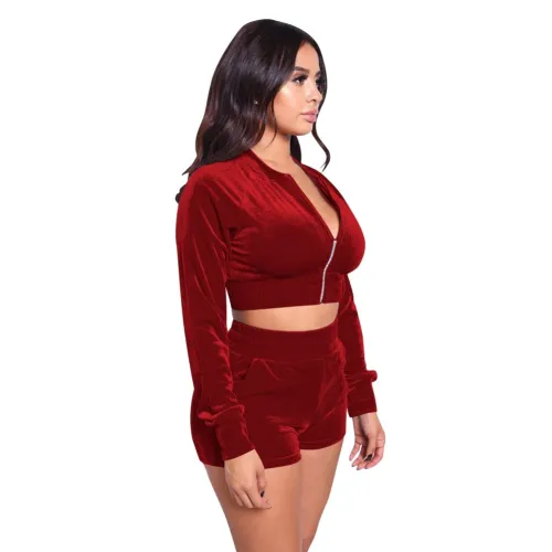 Velvet Burgundy Long Sleeve Zip Up Crop Top & Shorts Set
