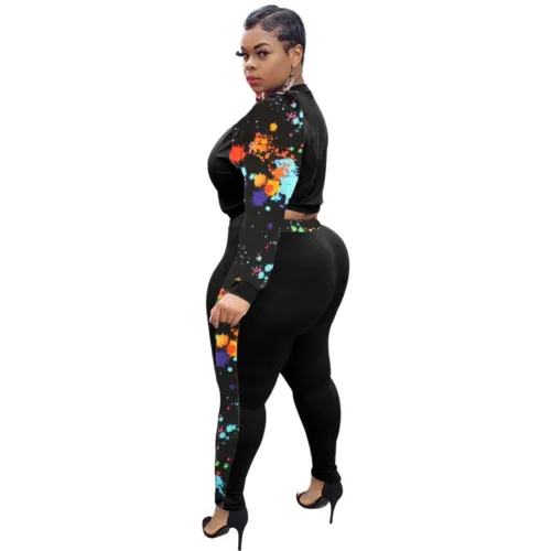 Plus Size Print Tight Two Piece Pants Set