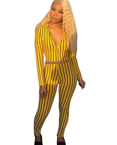 Striped Yellow Zipper Crop Top and Legging Set