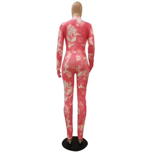 Tie Dye Pink Long Sleeve Zip Up Slinky Jumpsuit