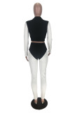 White & Black Full Sleeve Crop Top and Pants Set
