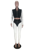 White & Black Full Sleeve Crop Top and Pants Set