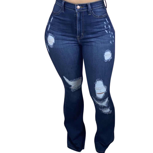Flare Bottom Ripped Dark Blue Jeans