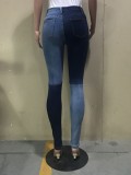 Distressed Contrast Splicing Tight Jeans
