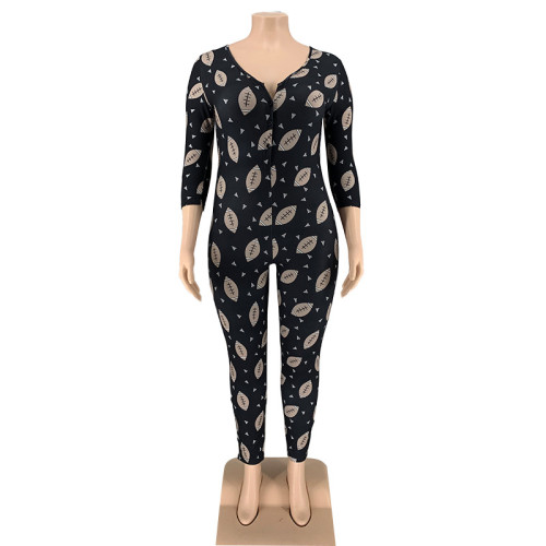 Plus Size Print Black Cozy Pajamas Fitted Jumpsuit