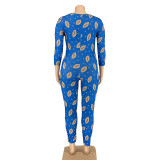 Plus Size Print Blue Cozy Pajamas Fitted Jumpsuit