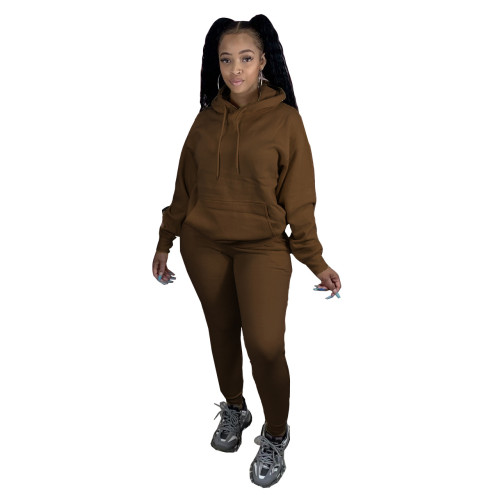 Coffee Front Pocketed Drawstring Tracksuit