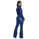 Plus Size Puff Sleeve Flare Dark Blue Denim Jumpsuit
