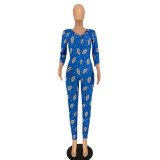 Plus Size Print Blue Cozy Pajamas Fitted Jumpsuit