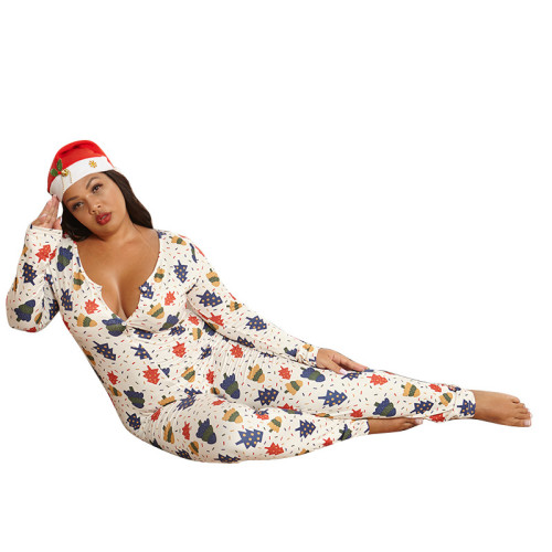 Plus Size Christmas Print Comfortable Pajamas Fitted Jumpsuit