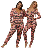 Plus Size Camo Print Cozy Pajamas Fitted Jumpsuit