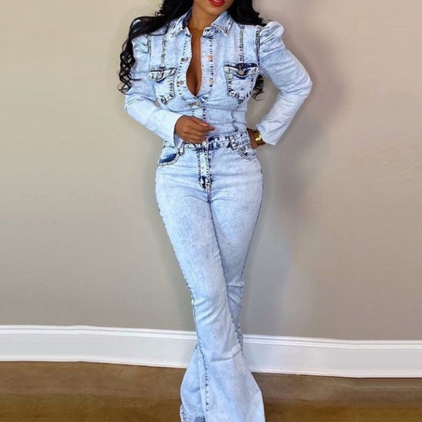 puff sleeve denim jumpsuit