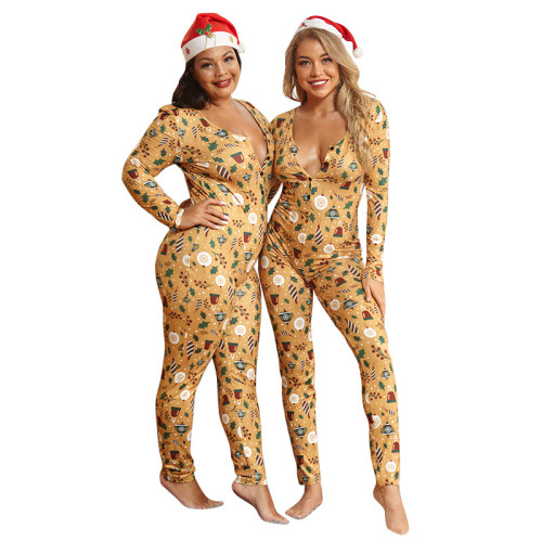 Plus Size Christmas Print Comfortable Pajamas Fitted Jumpsuit