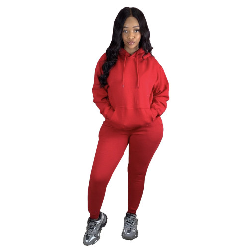 Red Front Pocketed Drawstring Tracksuit