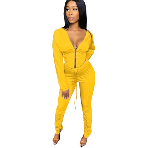 Yellow Zip Up Plunge Hoodie and Stack Pants Sweatsuits