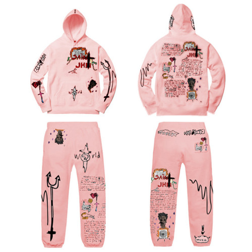 Street Style Print Pink Warm Hooded Sweatsuits