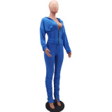 Blue Zip Up Plunge Hoodie and Stack Pants Sweatsuits