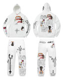 Street Style Print White Warm Hooded Sweatsuits