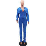 Blue Zip Up Plunge Hoodie and Stack Pants Sweatsuits