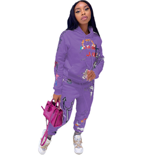 Street Style Print Purple Warm Hooded Sweatsuits