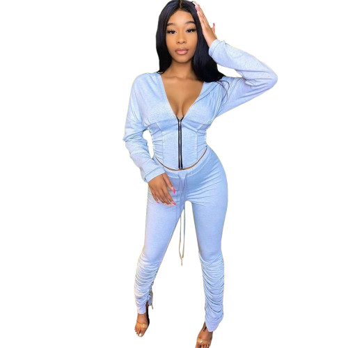Light Blue Zip Up Plunge Hoodie and Stack Pants Sweatsuits