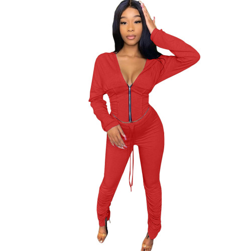 Red Zip Up Plunge Hoodie and Stack Pants Sweatsuits
