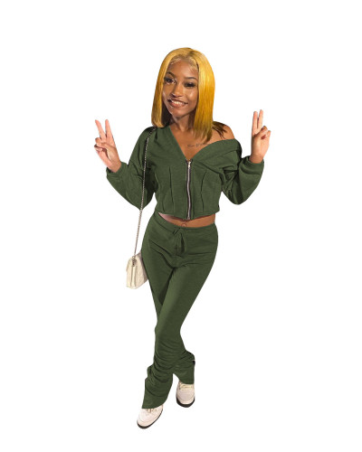 Army Green Zipper Sweatshirt and Stack Pants