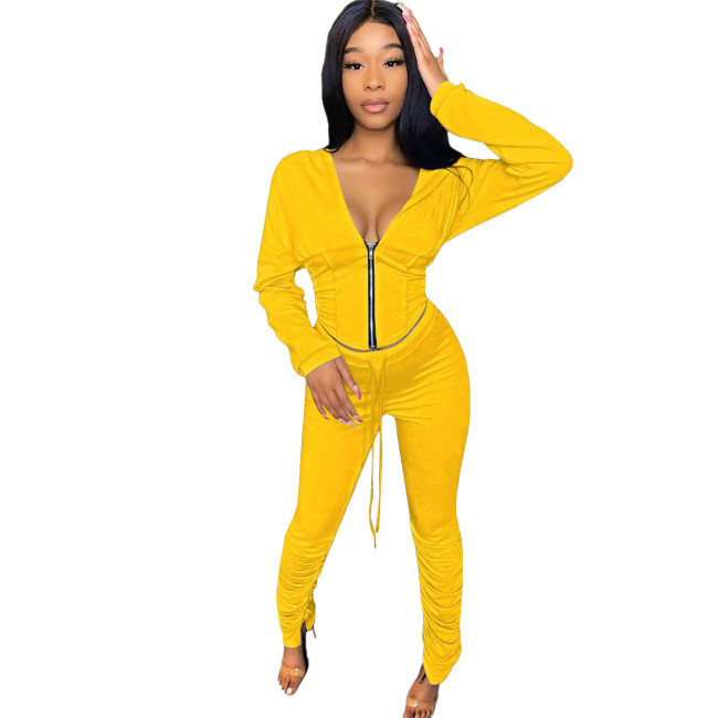 Yellow Zip Up Plunge Hoodie and Stack Pants Sweatsuits