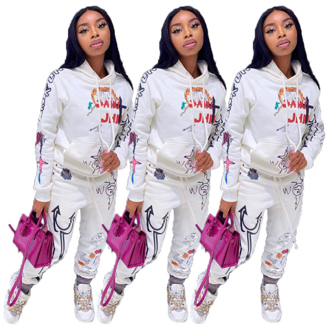 Street Style Print White Warm Hooded Sweatsuits