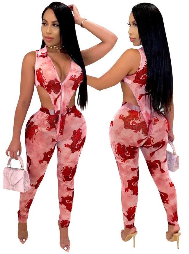 Print Purple Zipper Bodysuit and High Waist Legging Set