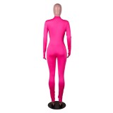 Hot Pink Long Sleeve Thumb Hole Zip Up Bodycon Jumpsuit