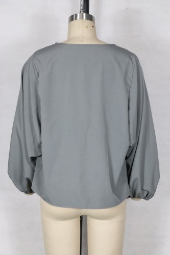 Gray Loose Blouse with Lantern Sleeve