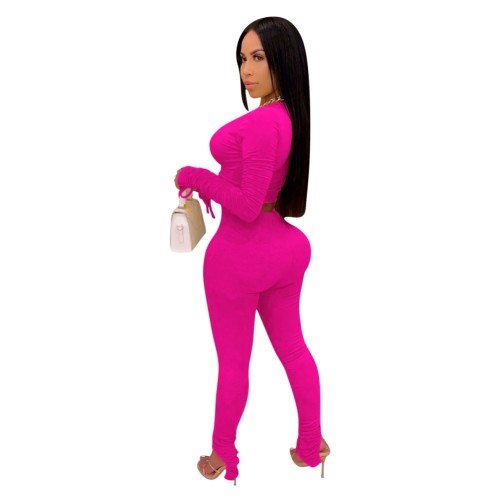 Hot Pink Slit Bottom Ruched Crop Top and Pants Set
