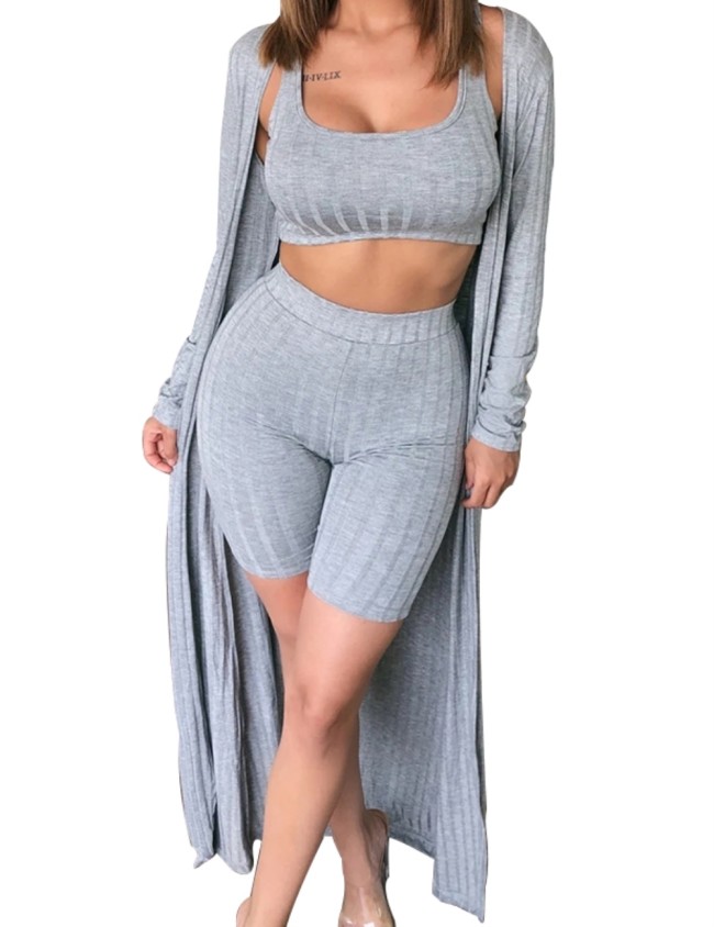 Gray Shorts Set with Matching Cardigan 3PCS